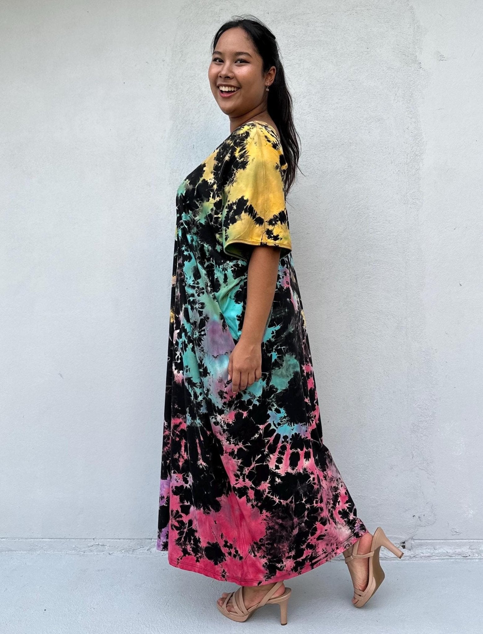 Mala Handworks Alisa Cotton Kaftan in Black Rainbow Tie Dye