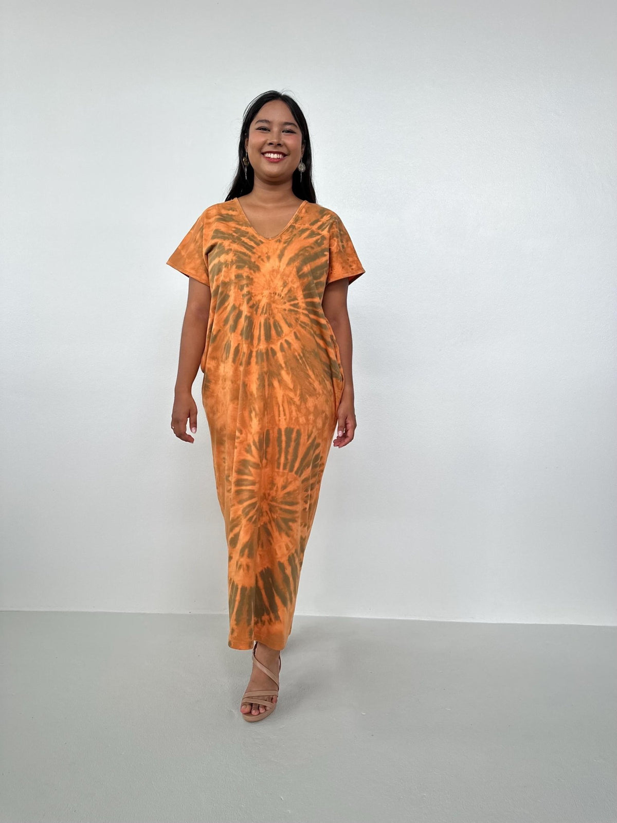 Mala Handworks Alisa Petite Cotton Kaftan in Apricot Tie Dye