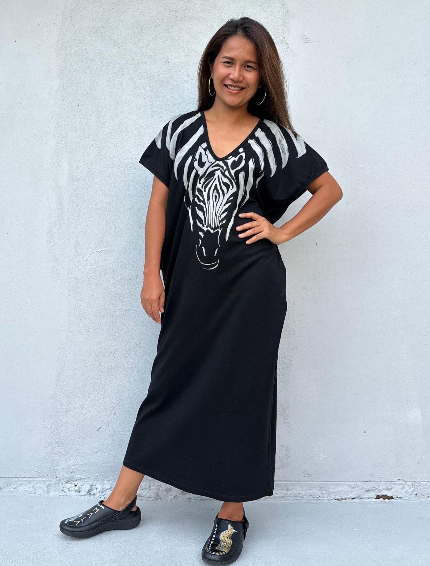 Mala Handworks Alisa Petite Cotton Kaftan in Black with Hand-Painted Zebra Design