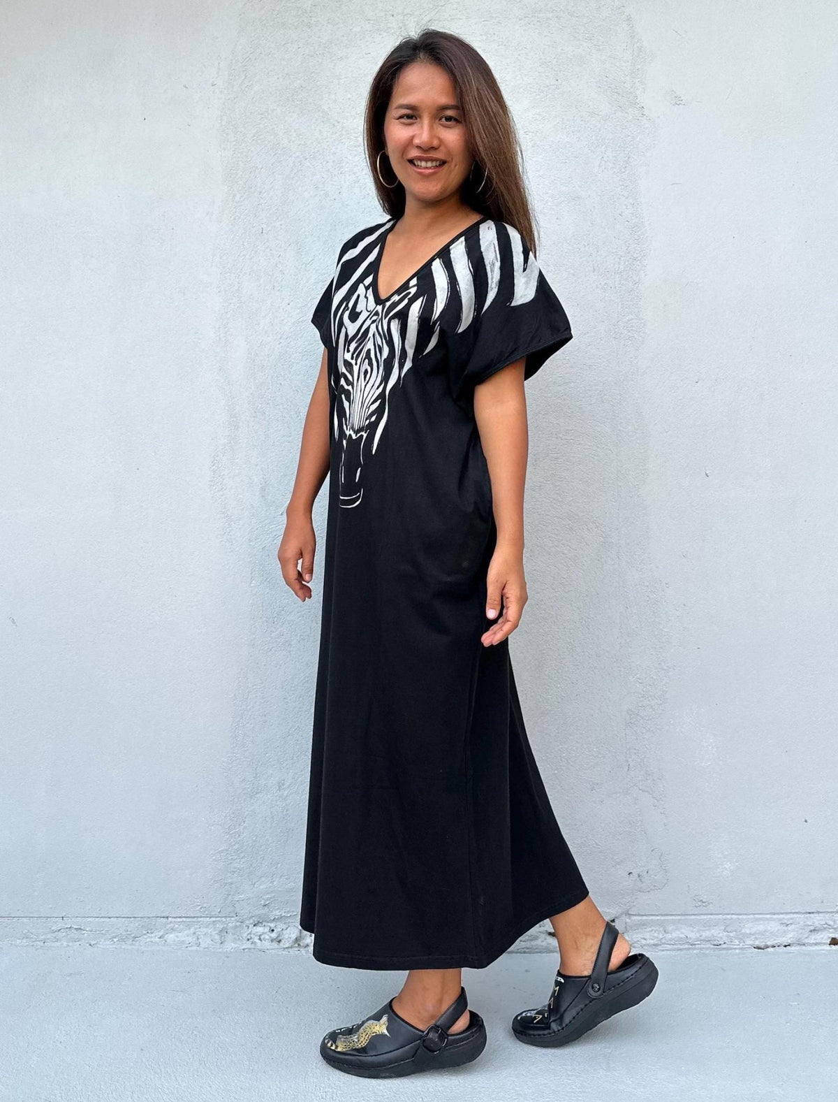 Mala Handworks Alisa Petite Cotton Kaftan in Black with Hand-Painted Zebra Design