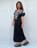 Mala Handworks Alisa Petite Cotton Kaftan in Black with Hand-Painted Zebra Design
