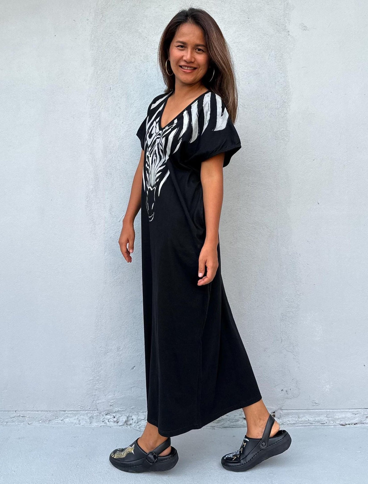 Mala Handworks Alisa Petite Cotton Kaftan in Black with Hand-Painted Zebra Design