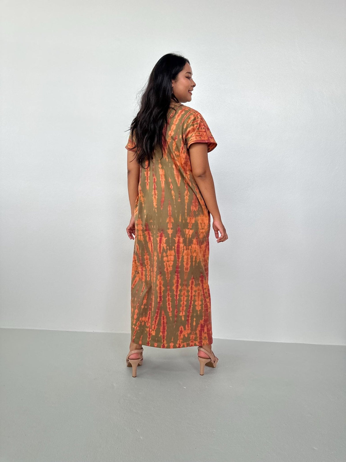 Mala Handworks Alisa Petite Cotton Kaftan in Olive and Orange Tie Dye