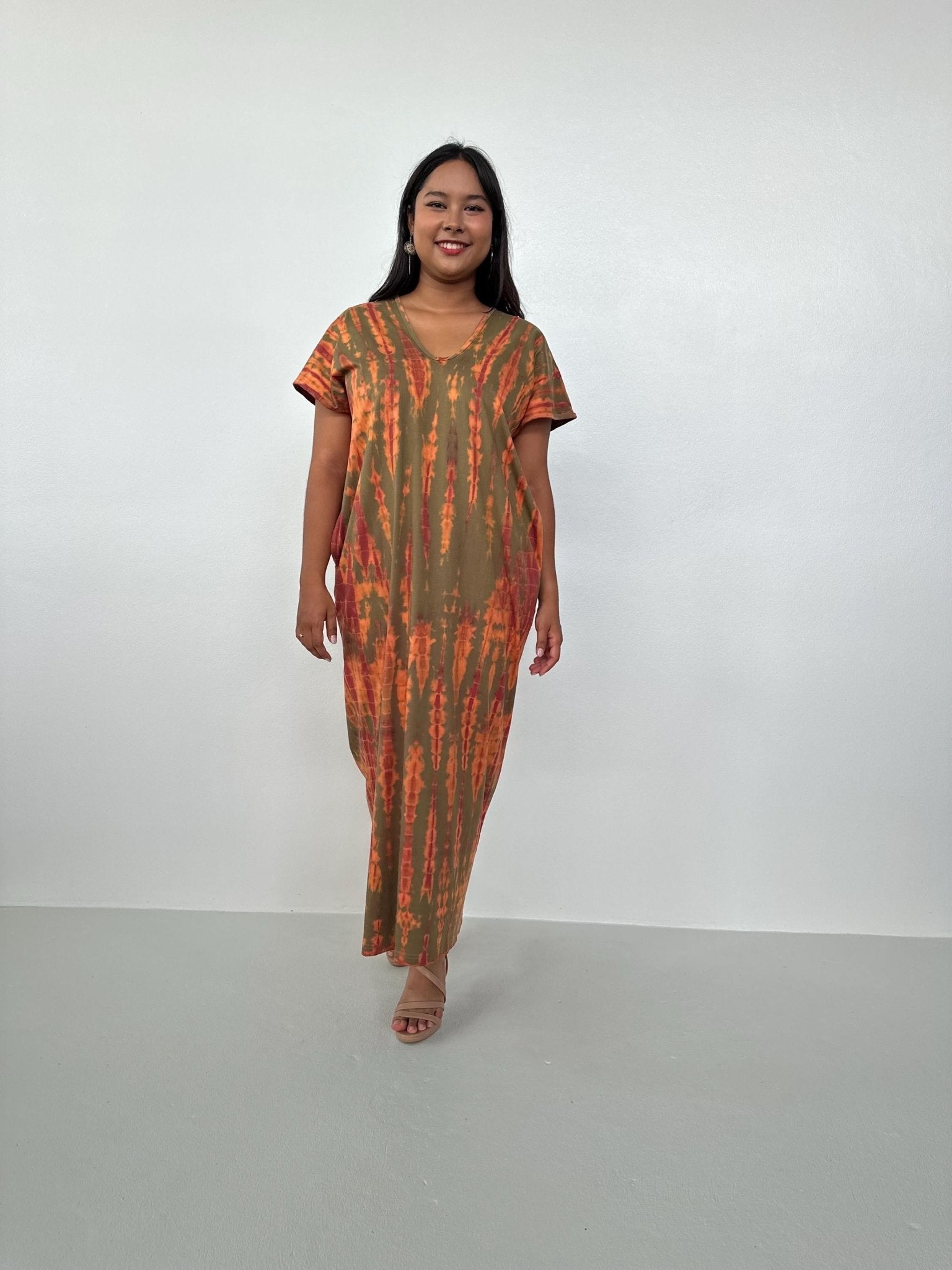 Mala Handworks Alisa Petite Cotton Kaftan in Olive and Orange Tie Dye
