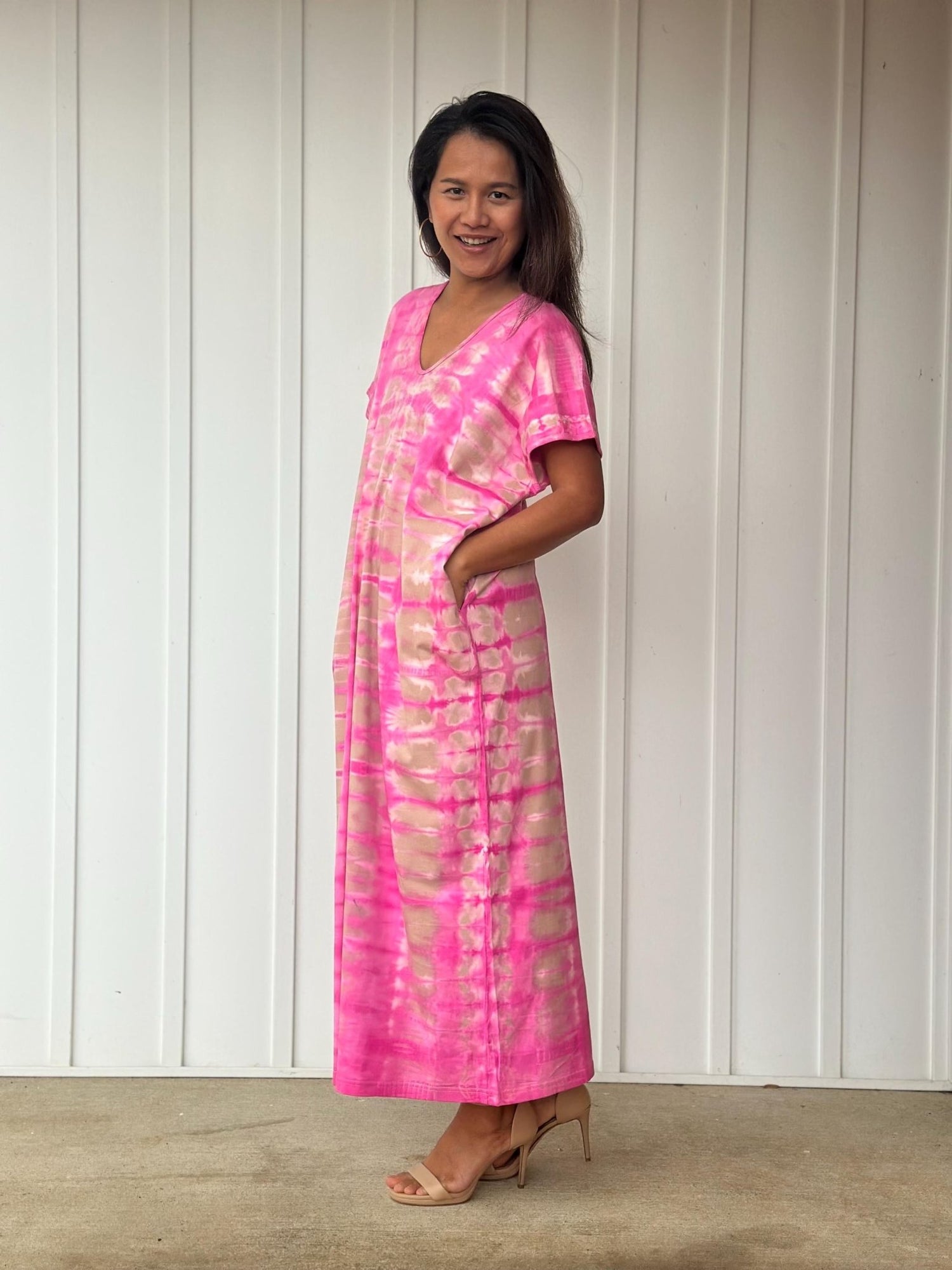 Mala Handworks Alisa Petite Cotton Kaftan in Pink Tie Dye