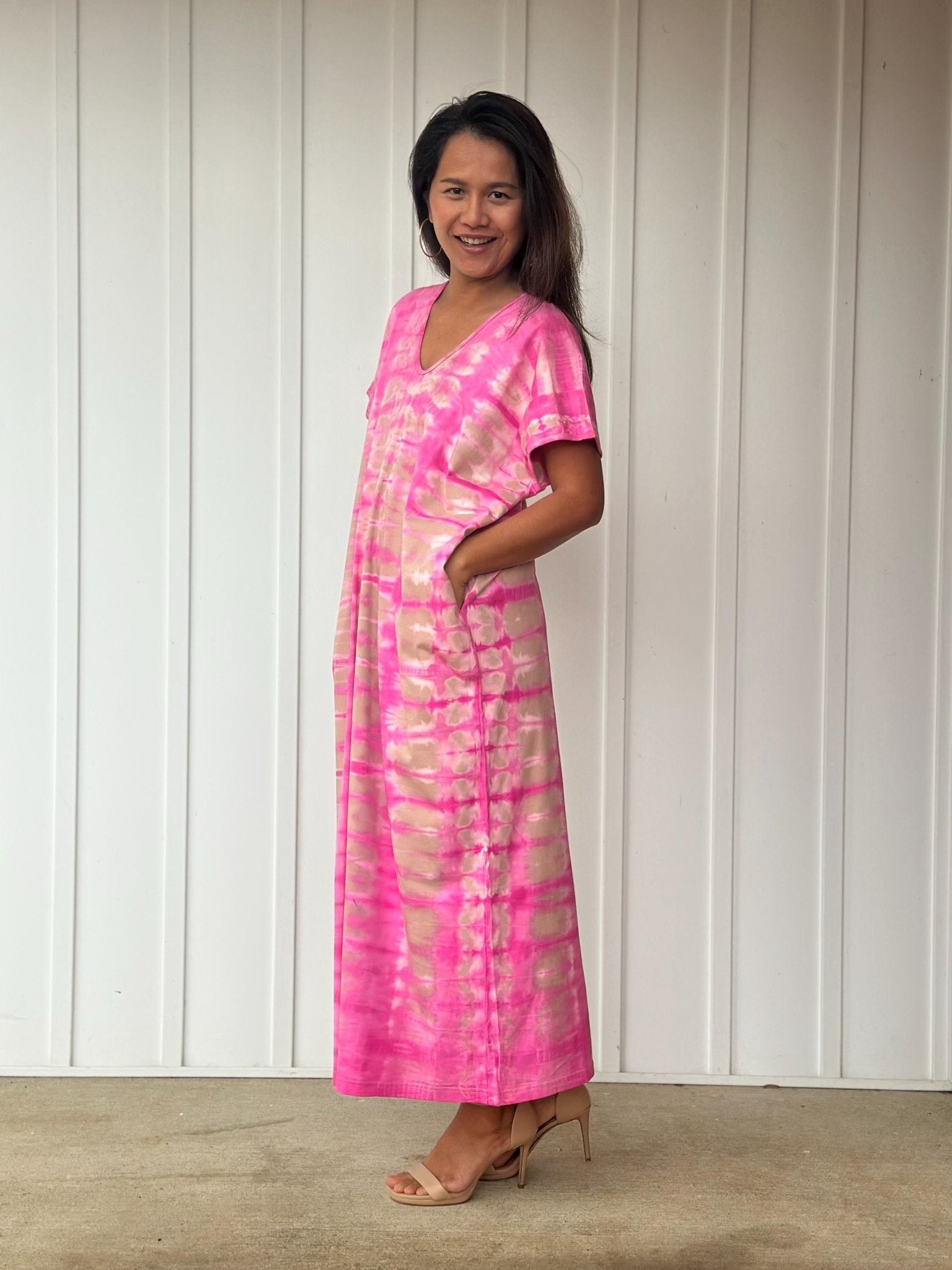 Mala Handworks Alisa Petite Cotton Kaftan in Pink Tie Dye