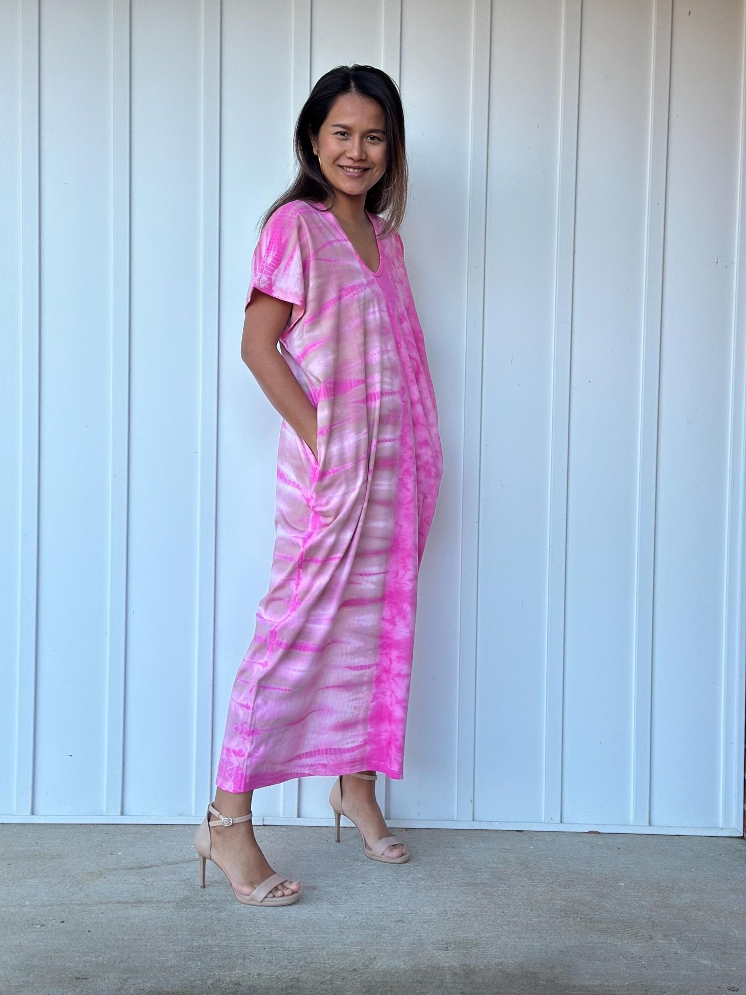 Mala Handworks Alisa Petite Cotton Kaftan in Pink Tie Dye