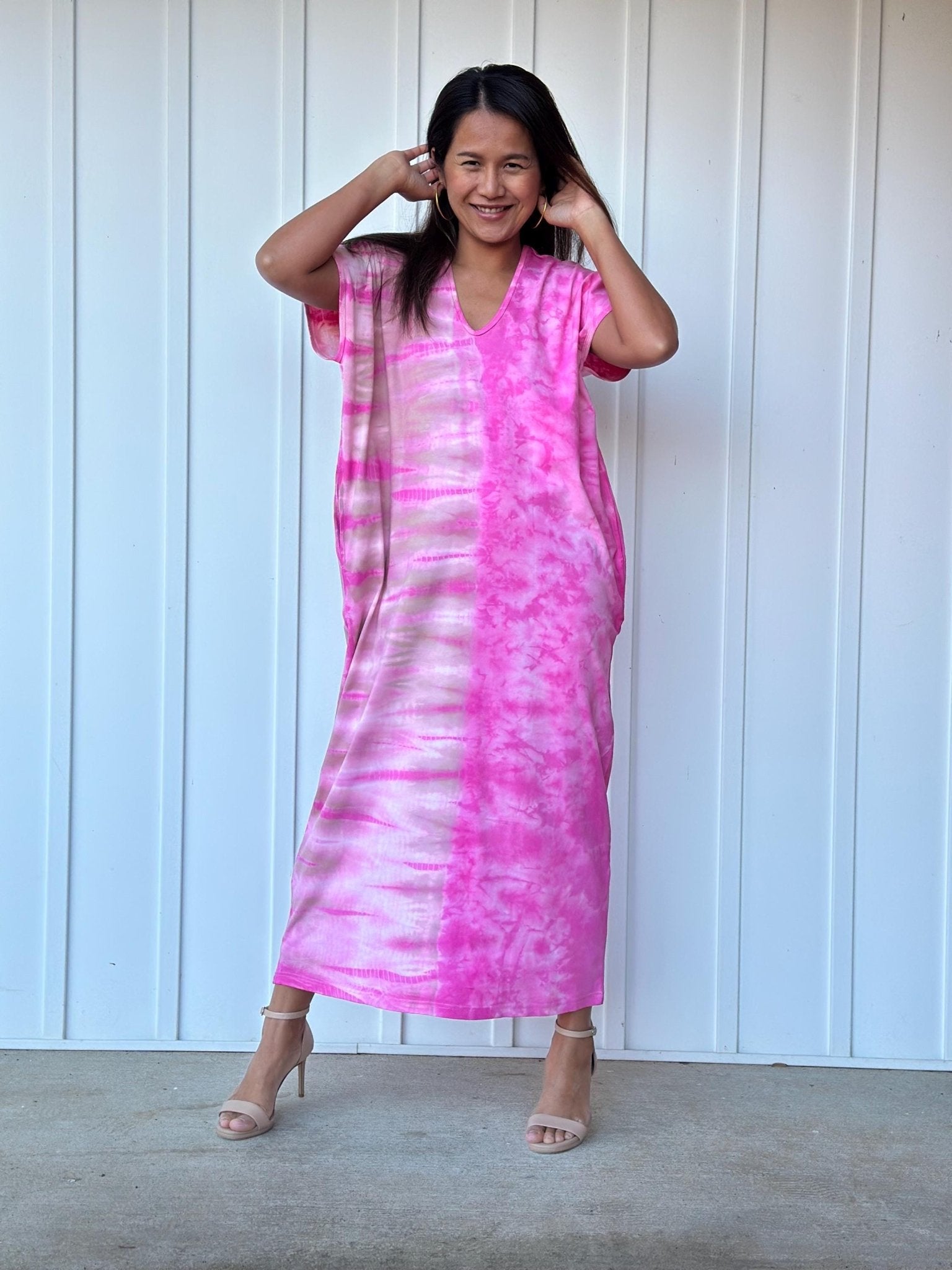 Mala Handworks Alisa Petite Cotton Kaftan in Pink Tie Dye
