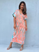 Mala Handworks Alisa Petite Cotton Kaftan in Salmon and Aqua Tie Dye