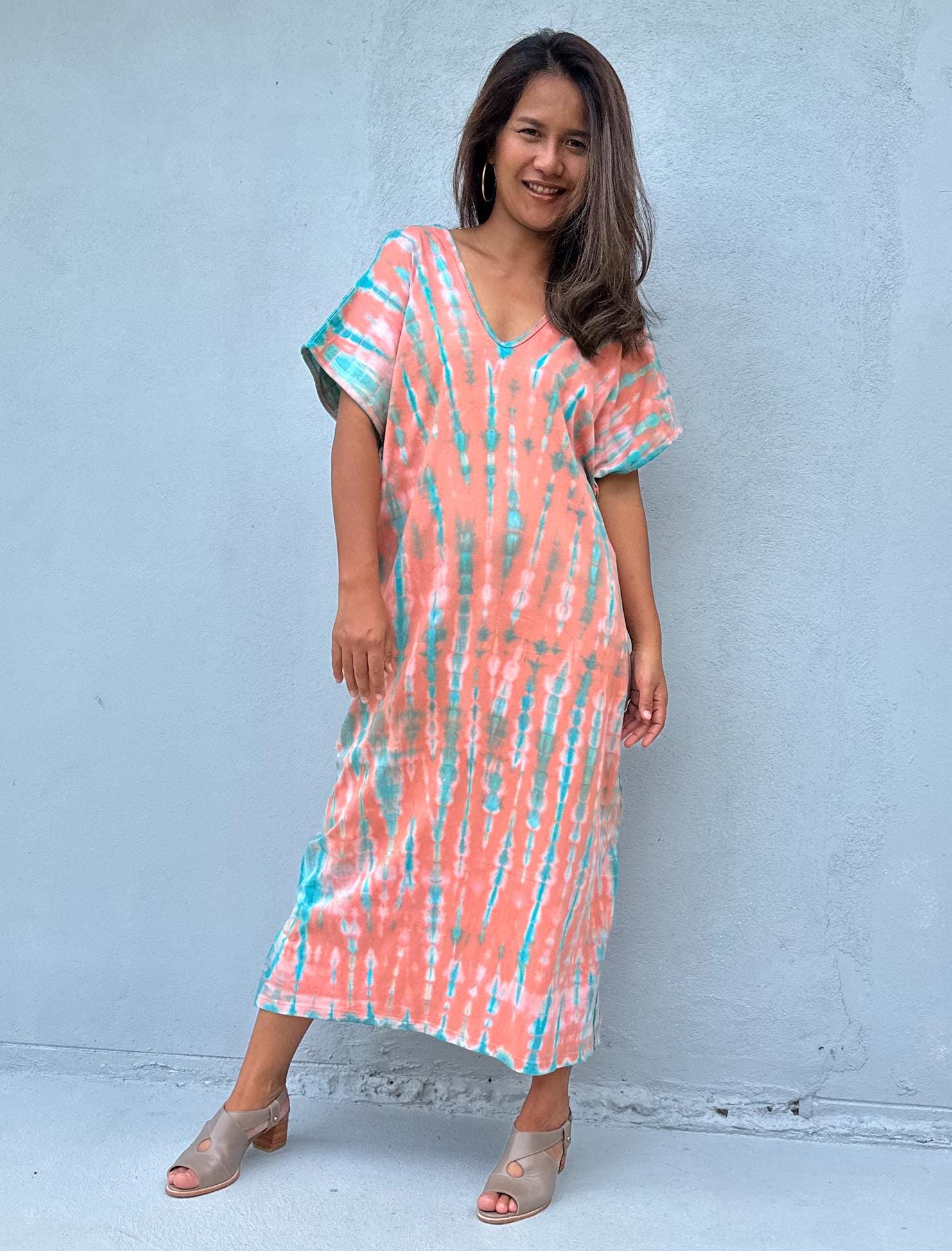 Mala Handworks Alisa Petite Cotton Kaftan in Salmon and Aqua Tie Dye