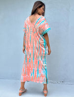 Mala Handworks Alisa Petite Cotton Kaftan in Salmon and Aqua Tie Dye