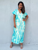 Mala Handworks Alisa Petite Cotton Kaftan in White and Aqua Tie Dye