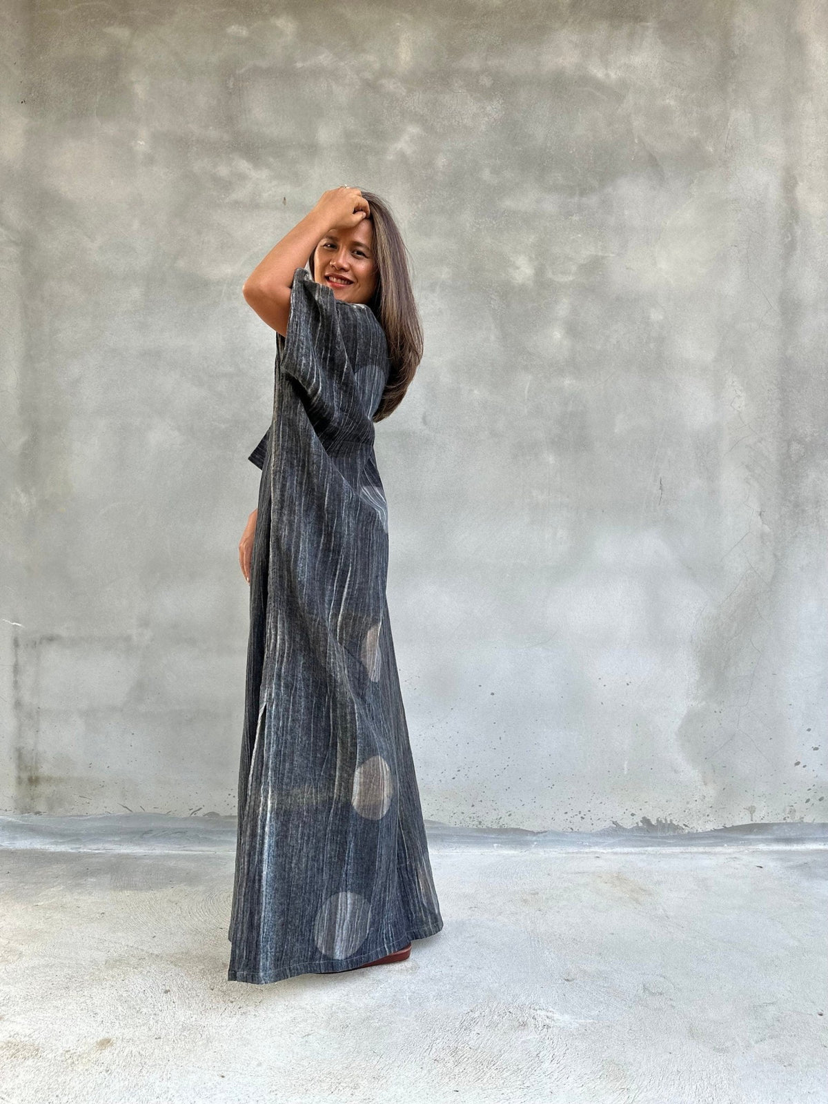 Mala Handworks Amina Hand-Painted Double Gauze Cotton Kaftan - Black Polka Dot Pattern