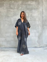 Mala Handworks Amina Hand-Painted Double Gauze Cotton Kaftan - Black Polka Dot Pattern