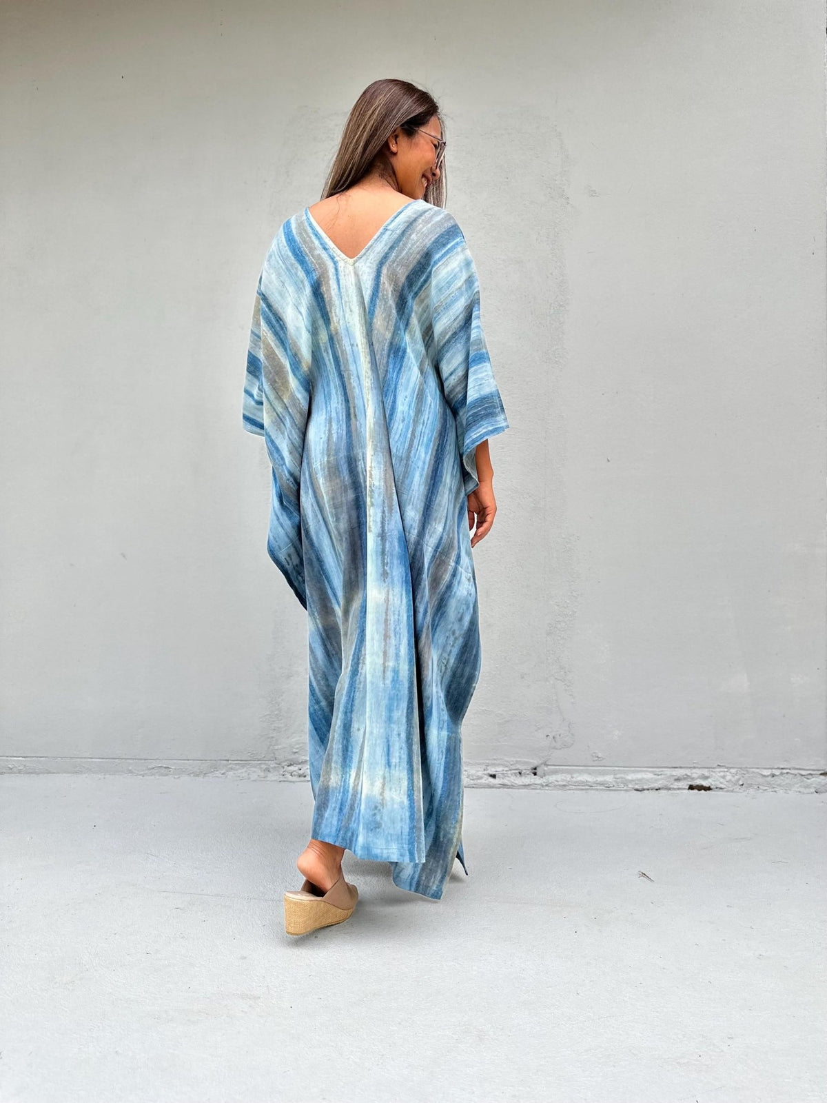 Mala Handworks Amina Hand-Painted Double Gauze Cotton Kaftan - Blue Striped Pattern