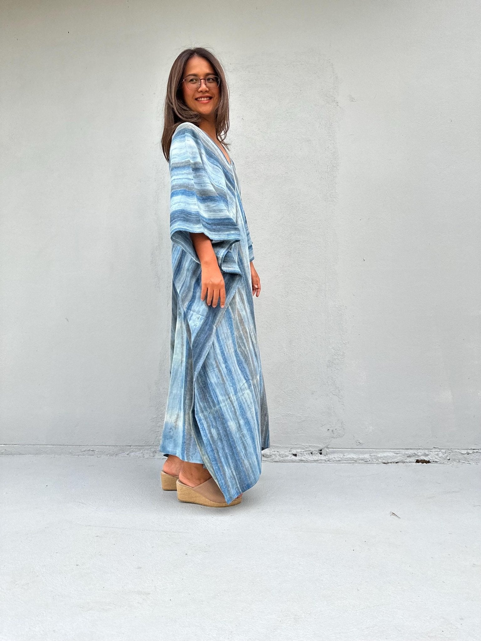 Mala Handworks Amina Hand-Painted Double Gauze Cotton Kaftan - Blue Striped Pattern