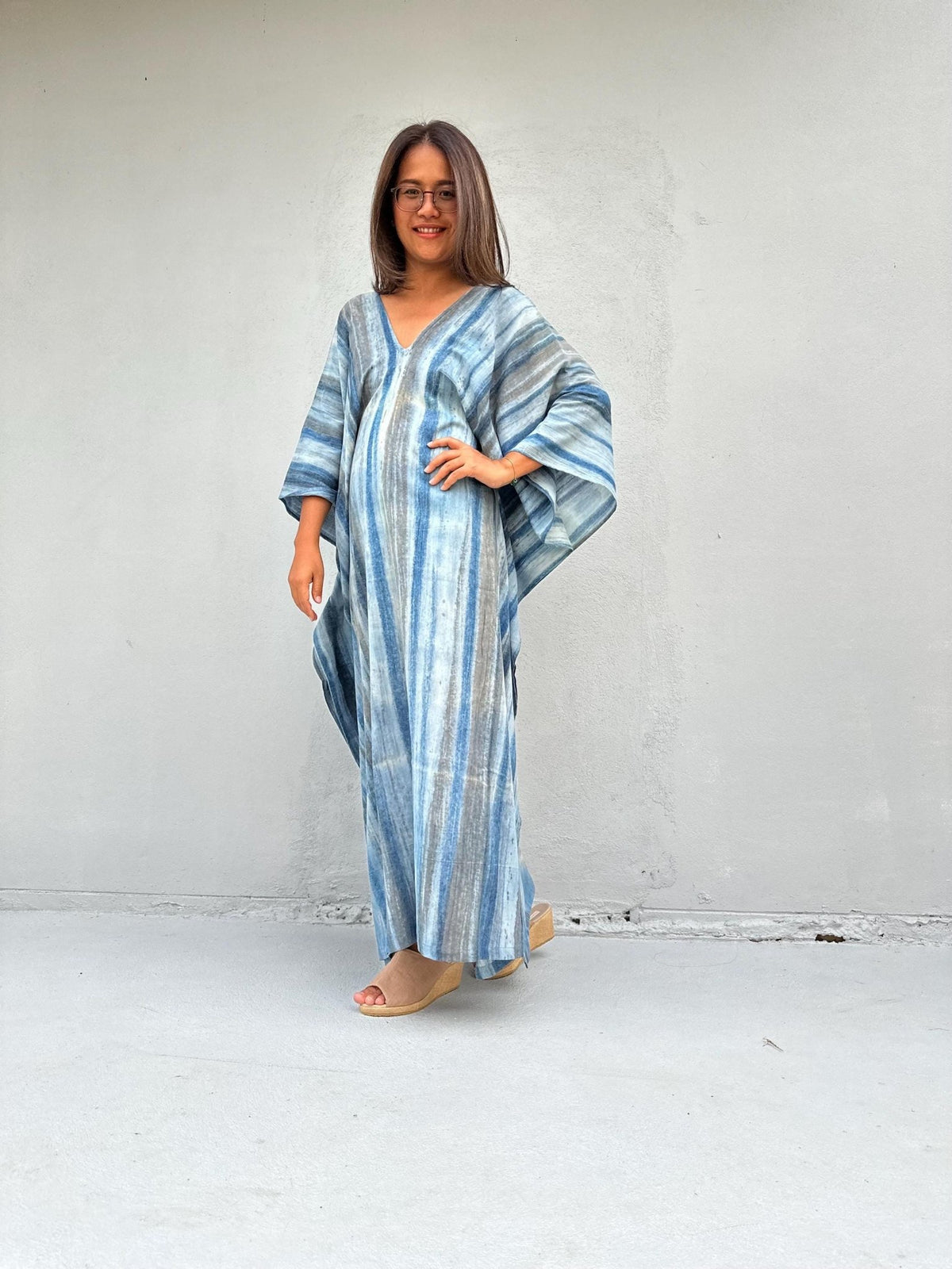 Mala Handworks Amina Hand-Painted Double Gauze Cotton Kaftan - Blue Striped Pattern