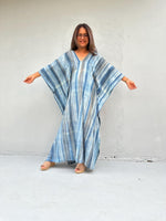 Mala Handworks Amina Hand-Painted Double Gauze Cotton Kaftan - Blue Striped Pattern
