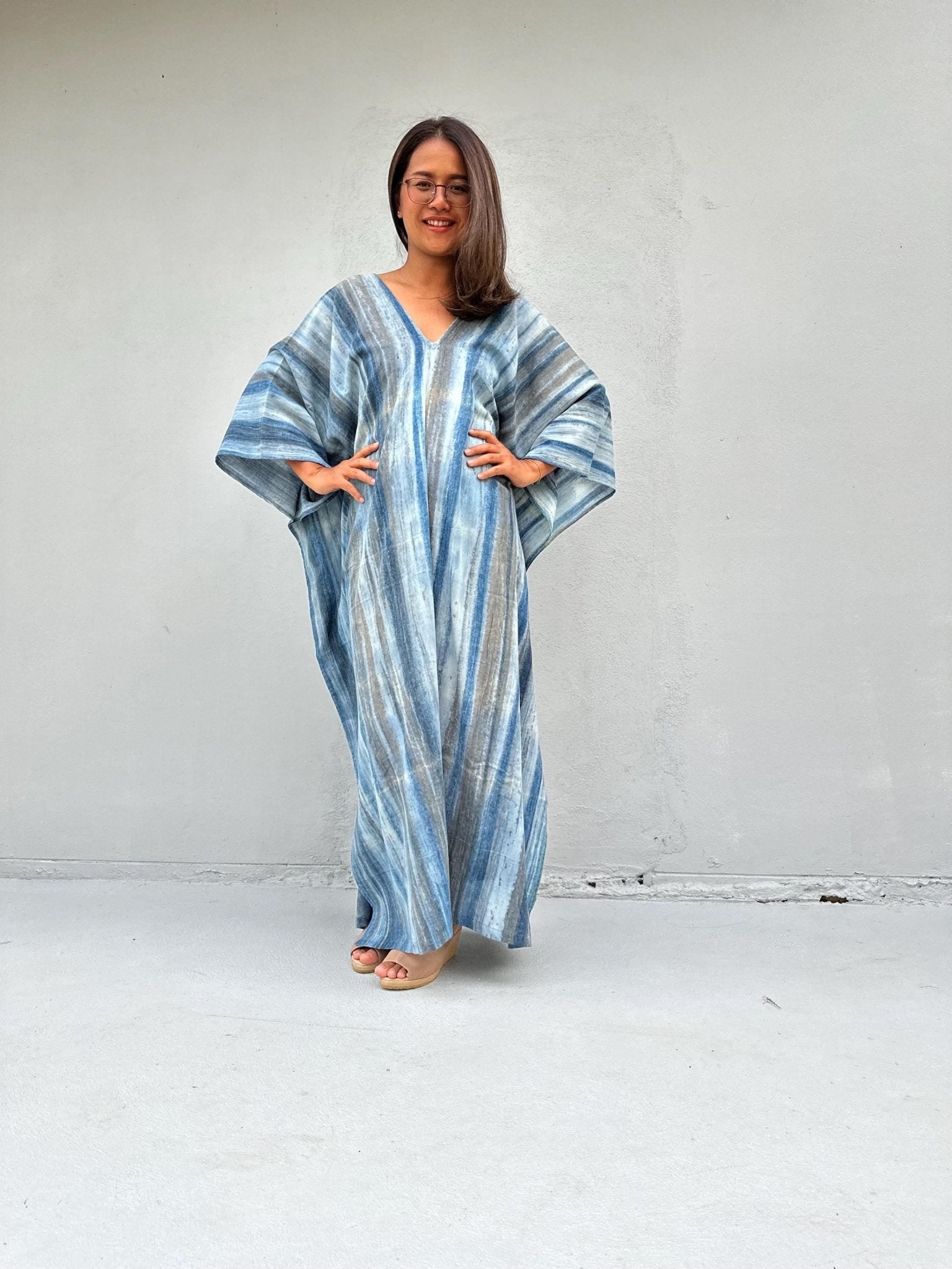 Mala Handworks Amina Hand-Painted Double Gauze Cotton Kaftan - Blue Striped Pattern
