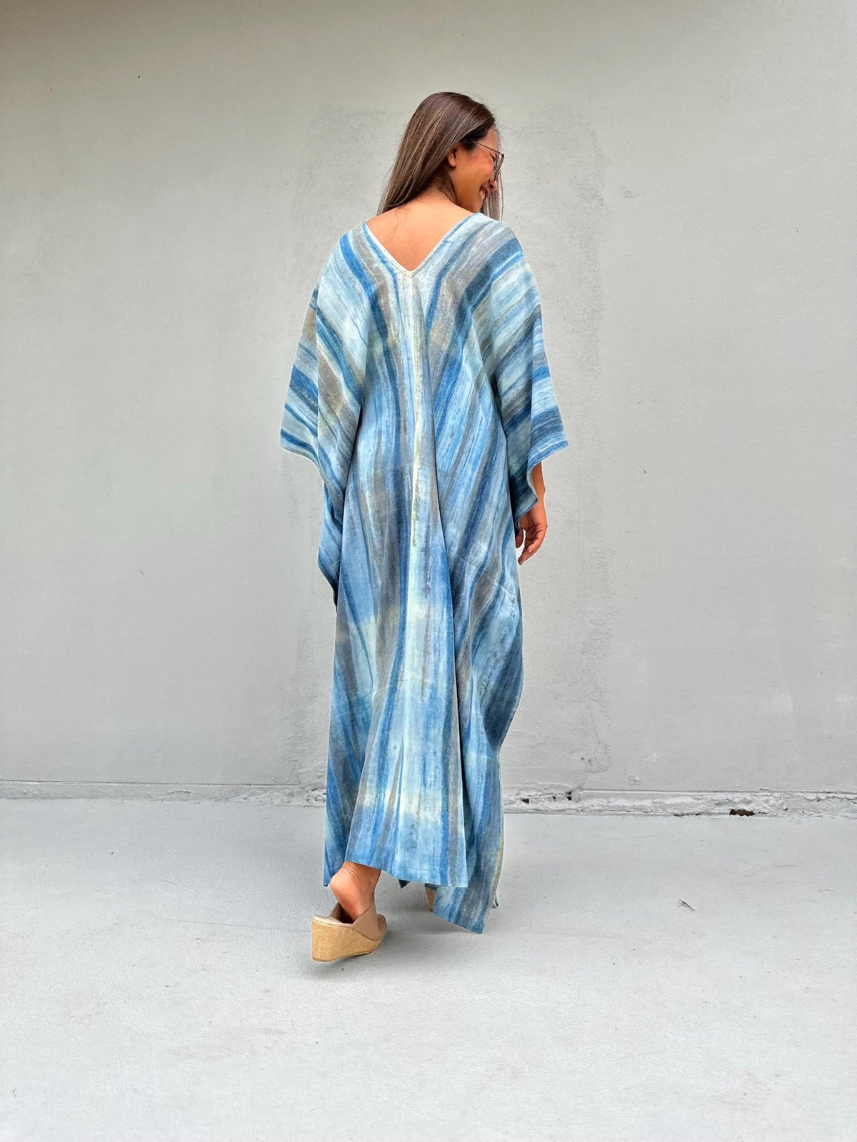 Mala Handworks Amina Hand-Painted Double Gauze Cotton Kaftan - Blue Striped Pattern