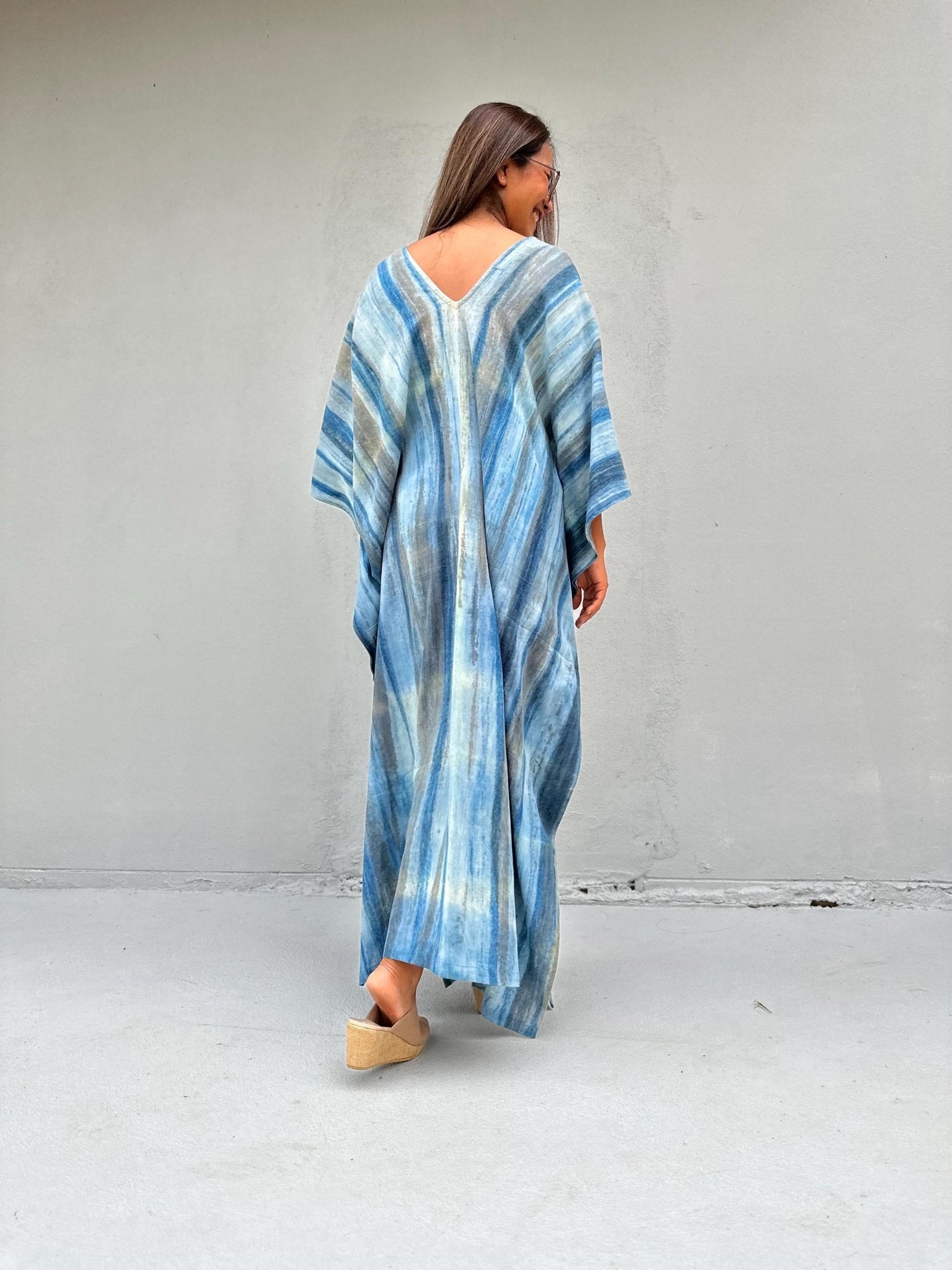 Mala Handworks Amina Hand-Painted Double Gauze Cotton Kaftan - Blue Striped Pattern