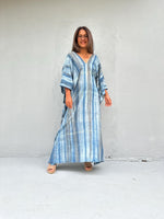 Mala Handworks Amina Hand-Painted Double Gauze Cotton Kaftan - Blue Striped Pattern