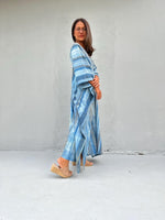 Mala Handworks Amina Hand-Painted Double Gauze Cotton Kaftan - Blue Striped Pattern