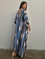 Mala Handworks Amina Hand-Painted Kaftan - Blueberry Blue and Black Abstract Pattern