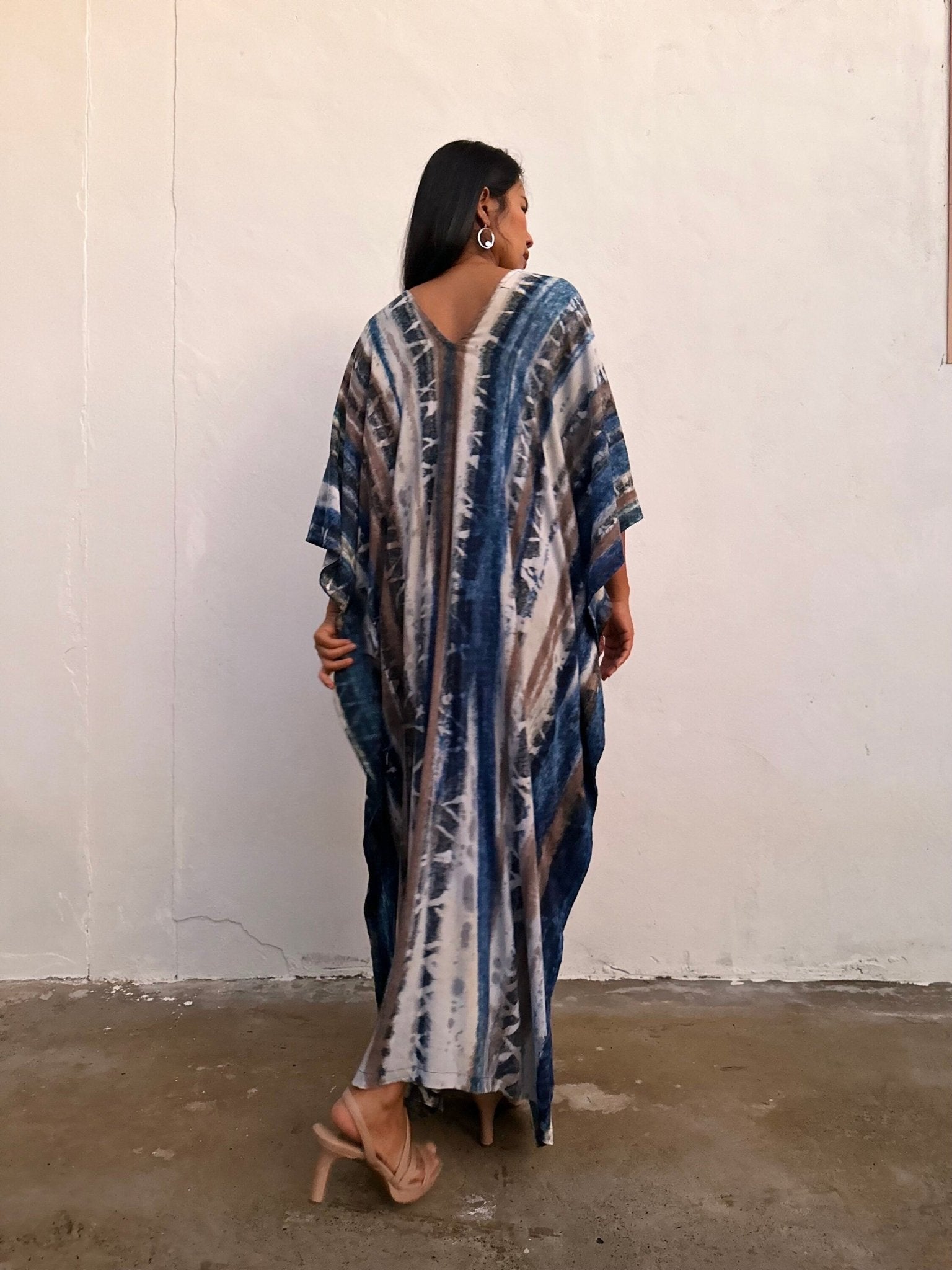 Mala Handworks Amina Hand-Painted Kaftan - Blueberry Blue and Black Striped Pattern