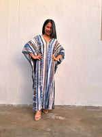 Mala Handworks Amina Hand-Painted Kaftan - Blueberry Blue and Black Striped Pattern