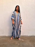 Mala Handworks Amina Hand-Painted Kaftan - Blueberry Blue and Black Striped Pattern