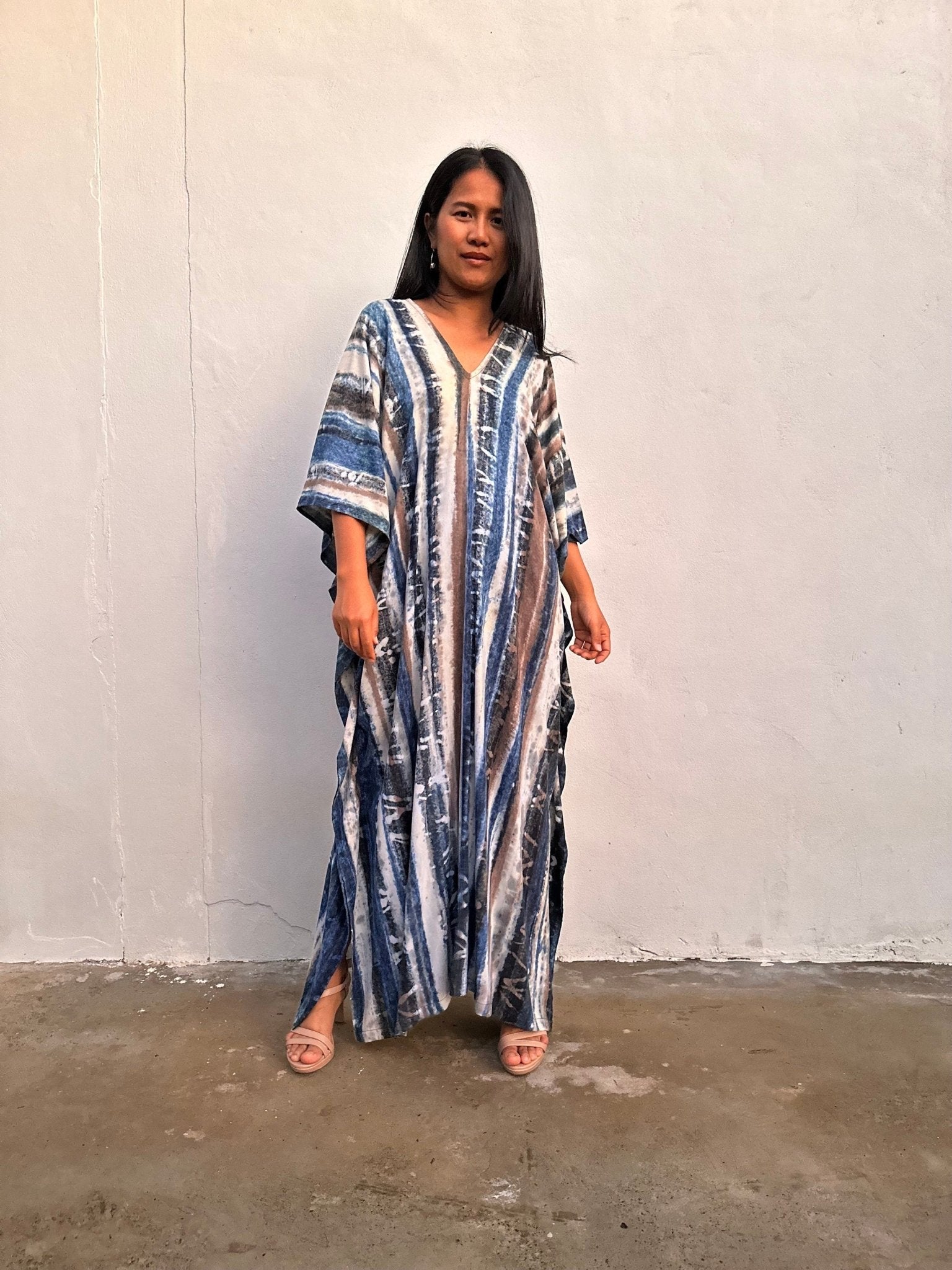 Mala Handworks Amina Hand-Painted Kaftan - Blueberry Blue and Black Striped Pattern