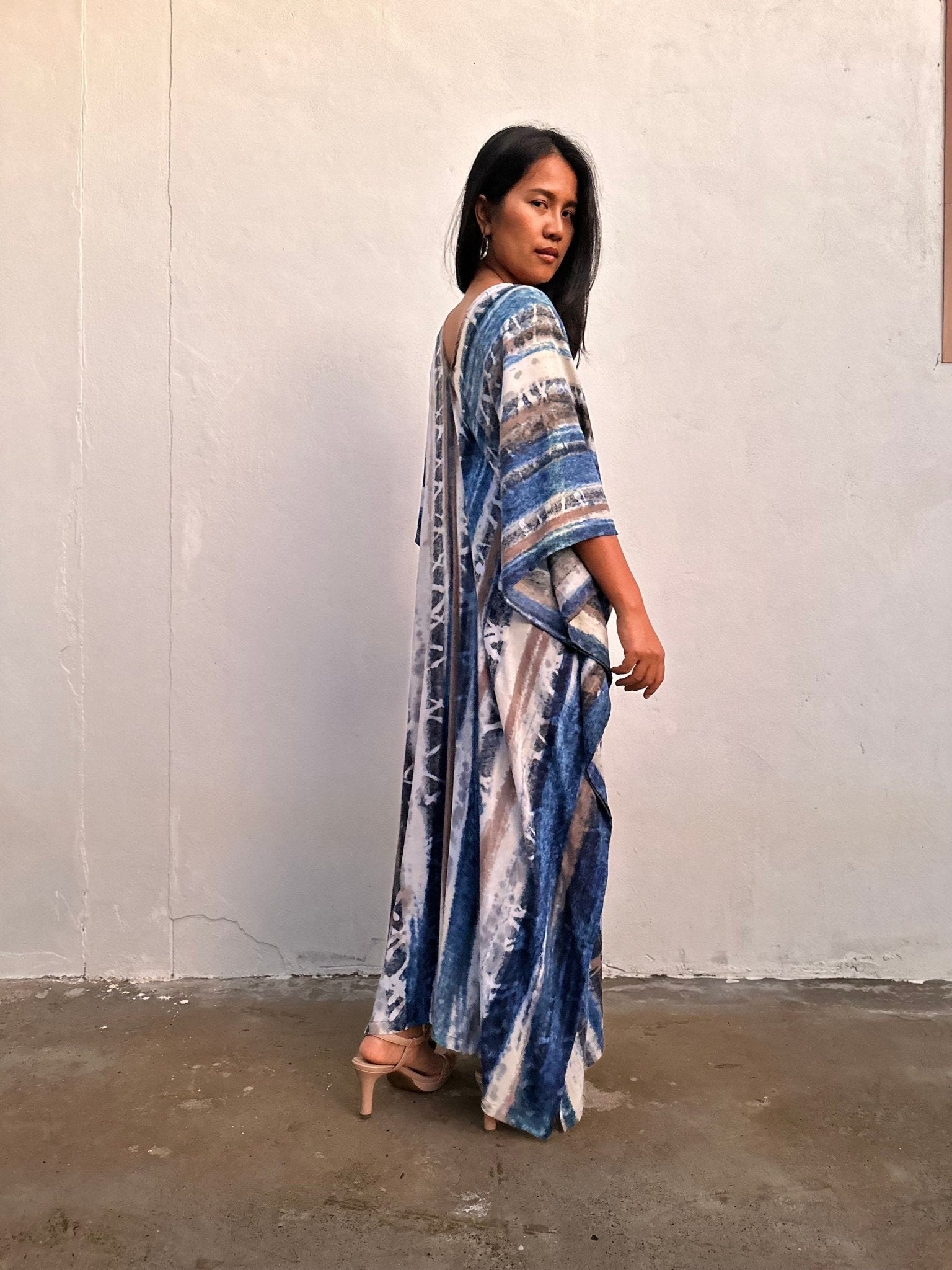 Mala Handworks Amina Hand-Painted Kaftan - Blueberry Blue and Black Striped Pattern