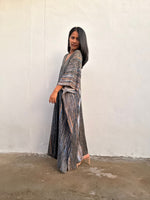 Mala Handworks Amina Hand-Painted Kaftan - Gray and Tangerine Striped Pattern