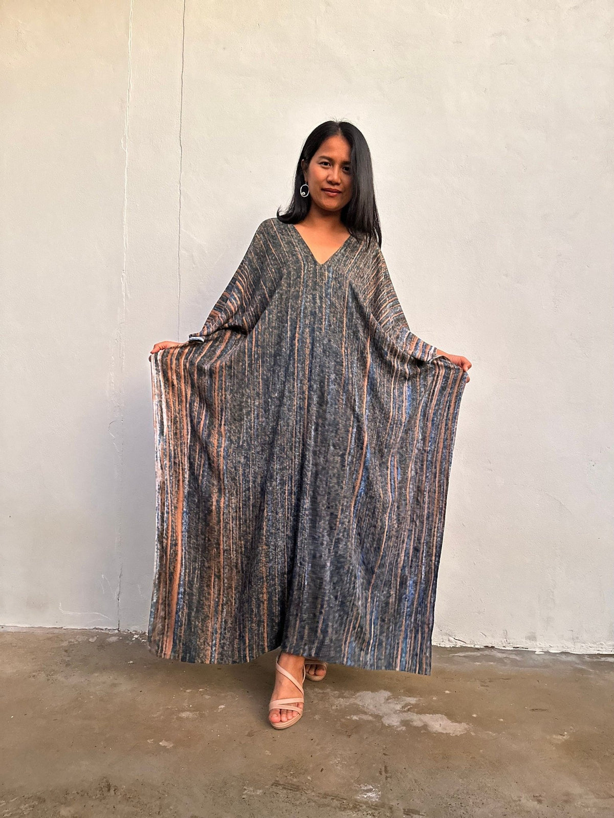 Mala Handworks Amina Hand-Painted Kaftan - Gray and Tangerine Striped Pattern