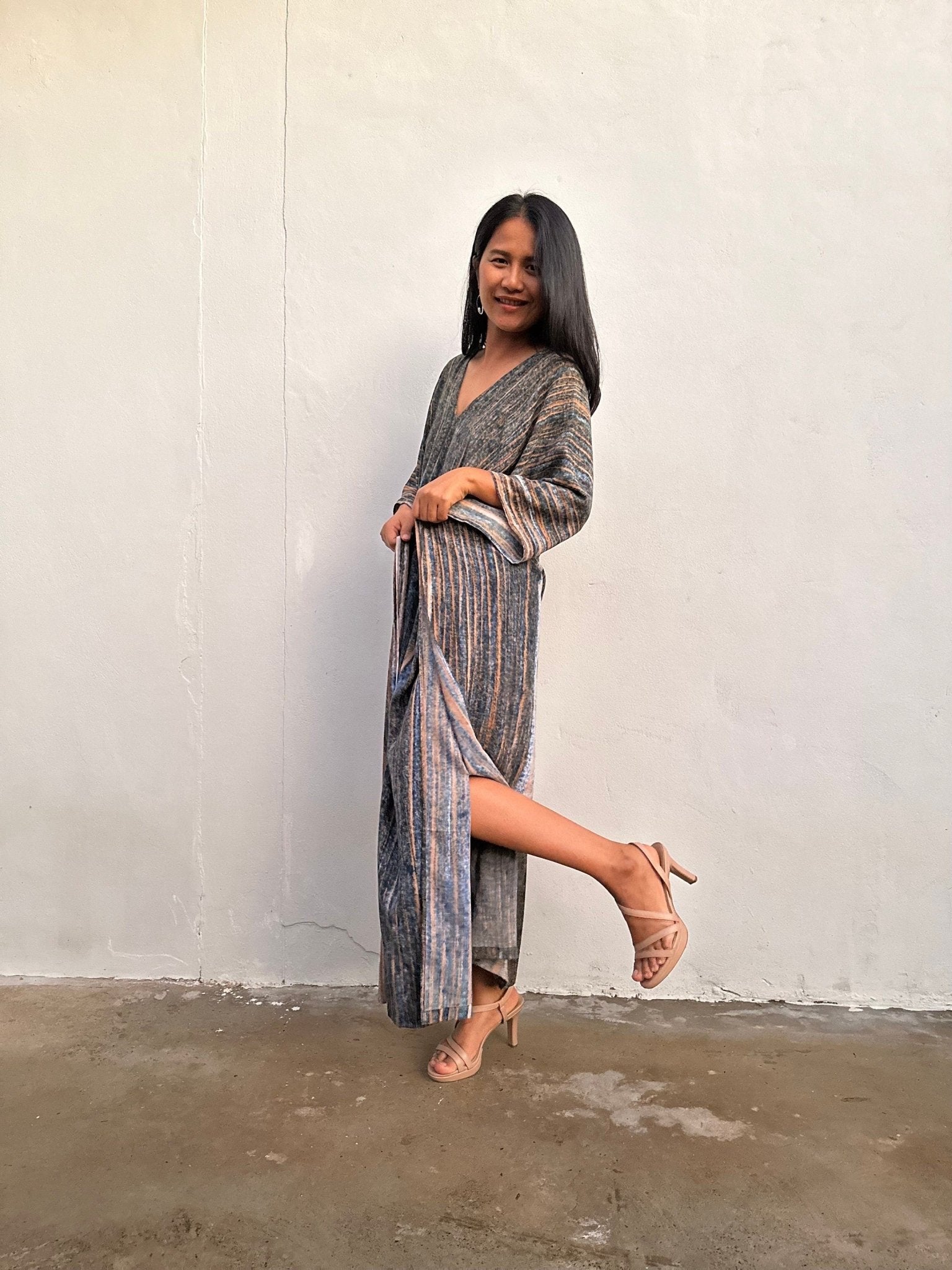 Mala Handworks Amina Hand-Painted Kaftan - Gray and Tangerine Striped Pattern