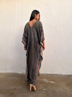 Mala Handworks Amina Hand-Painted Kaftan - Gray and Tangerine Striped Pattern