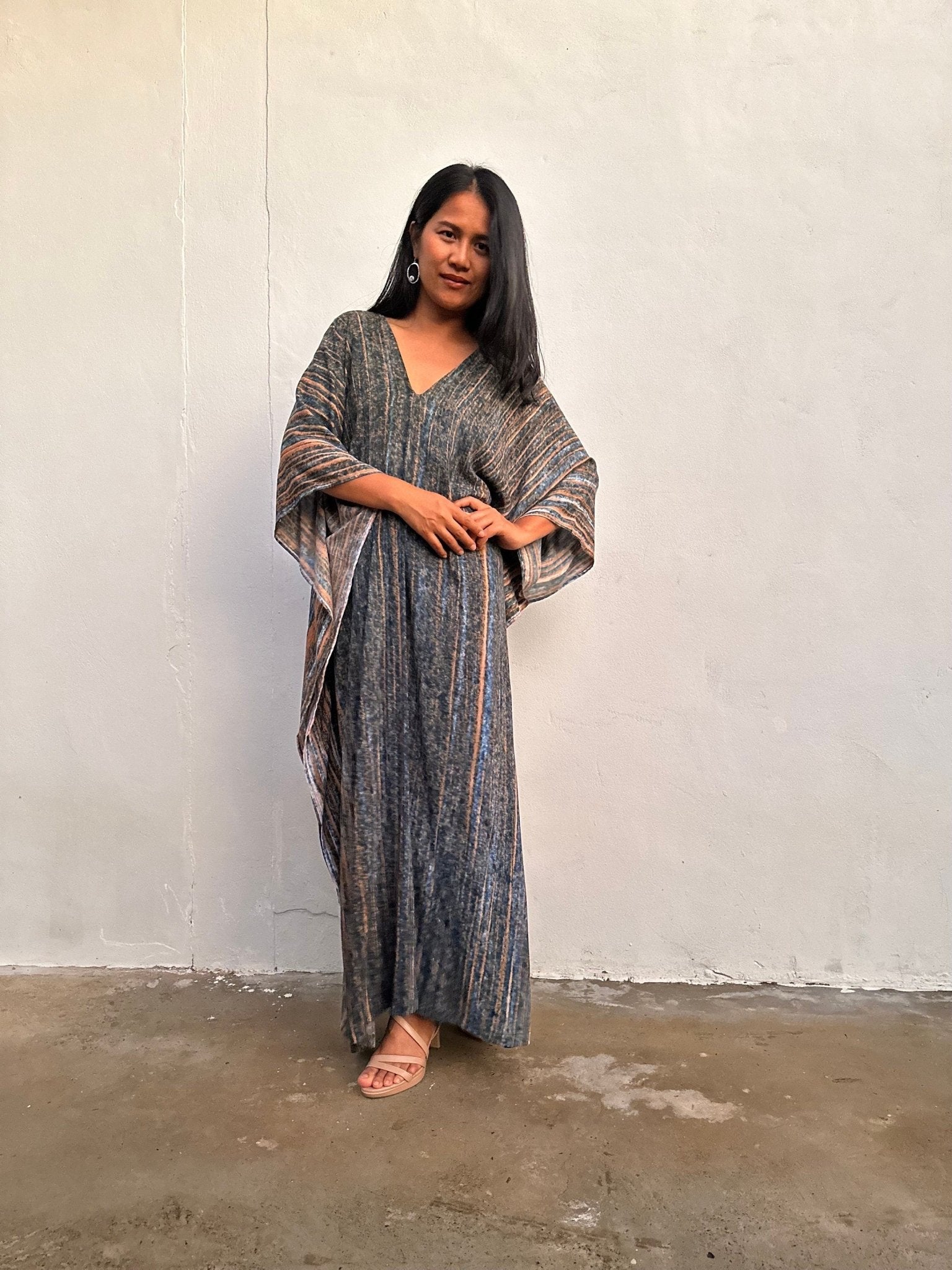 Mala Handworks Amina Hand-Painted Kaftan - Gray and Tangerine Striped Pattern