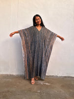 Mala Handworks Amina Hand-Painted Kaftan - Gray and Tangerine Striped Pattern