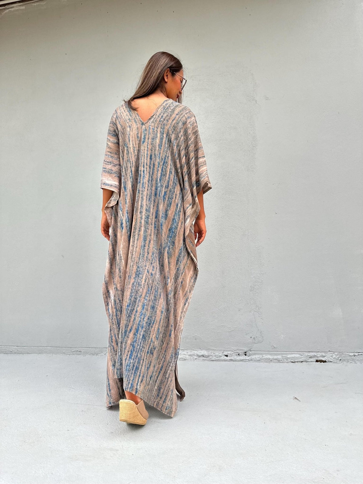 Mala Handworks Amina Hand-Painted Kaftan - Tan Abstract Pattern