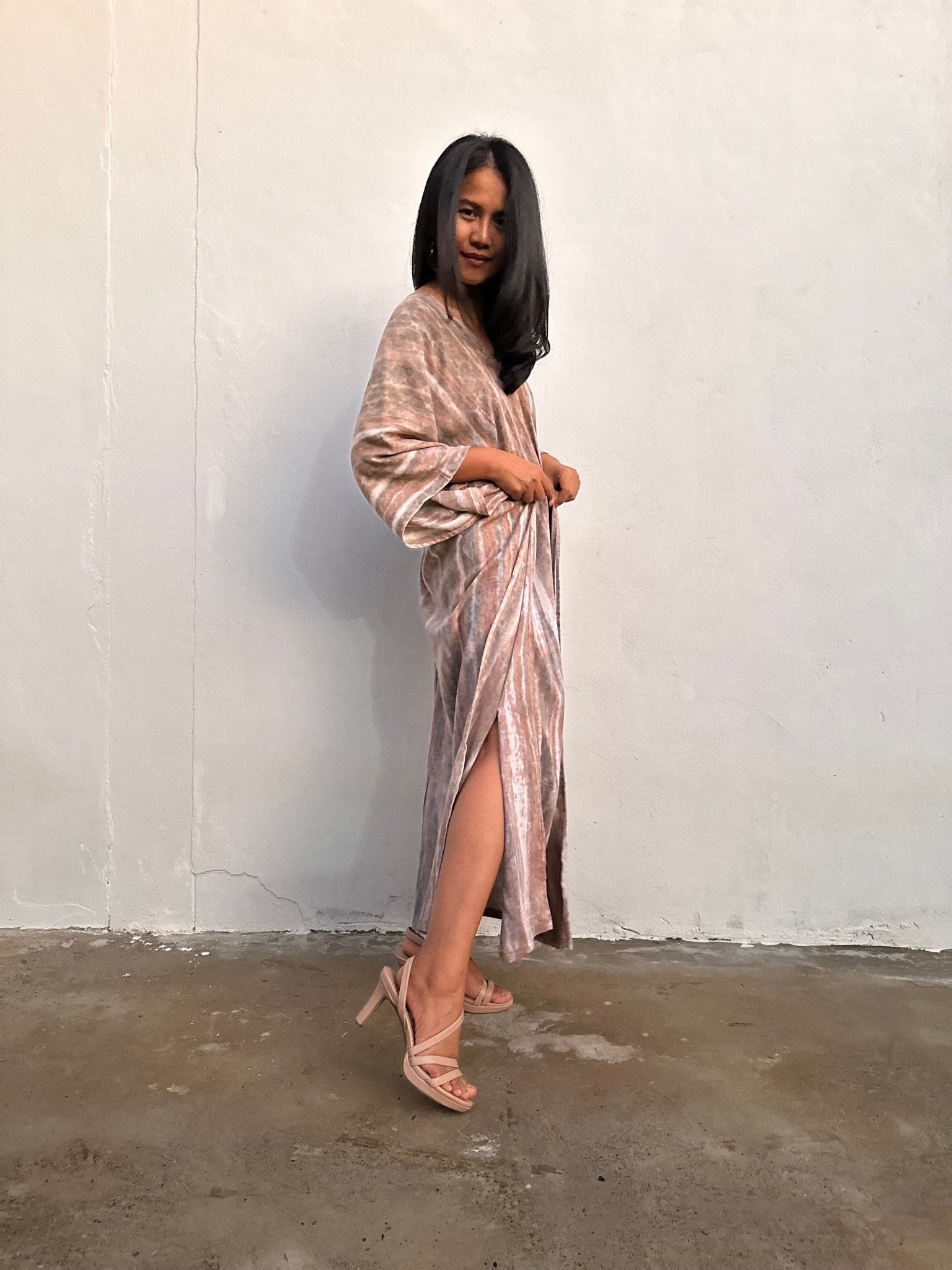 Mala Handworks Amina Hand-Painted Kaftan - Tan Striped Pattern