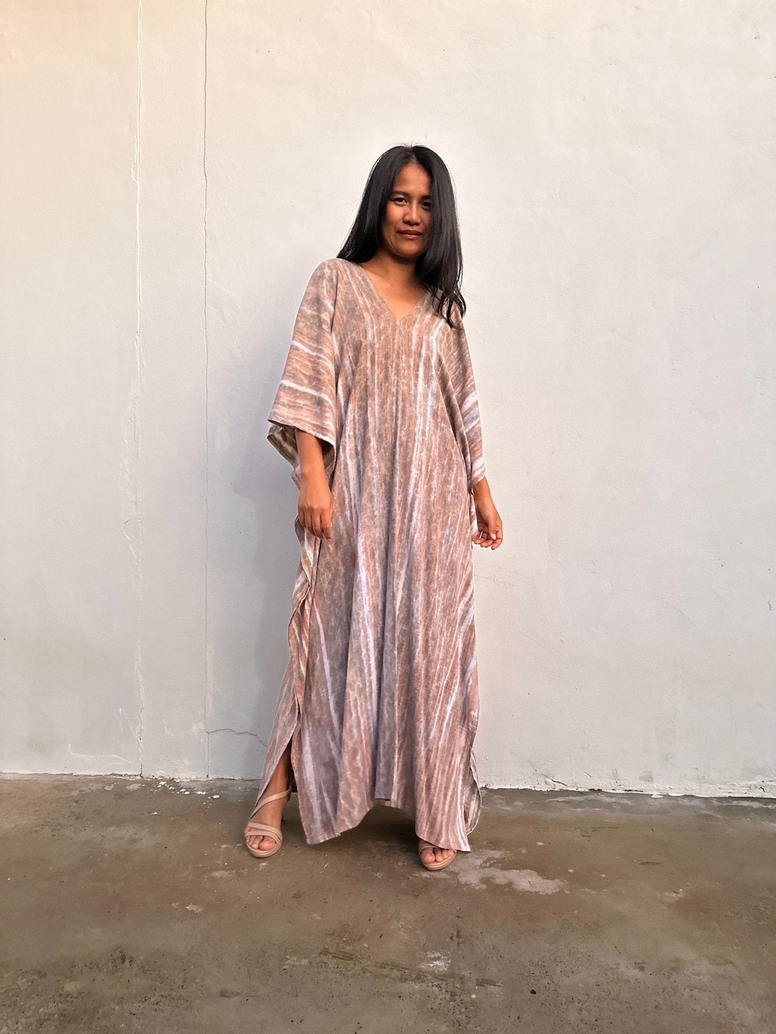 Mala Handworks Amina Hand-Painted Kaftan - Tan Striped Pattern