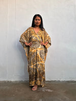 Mala Handworks Amina Hand-Painted Kaftan - Yellow and Tan Abstract Pattern