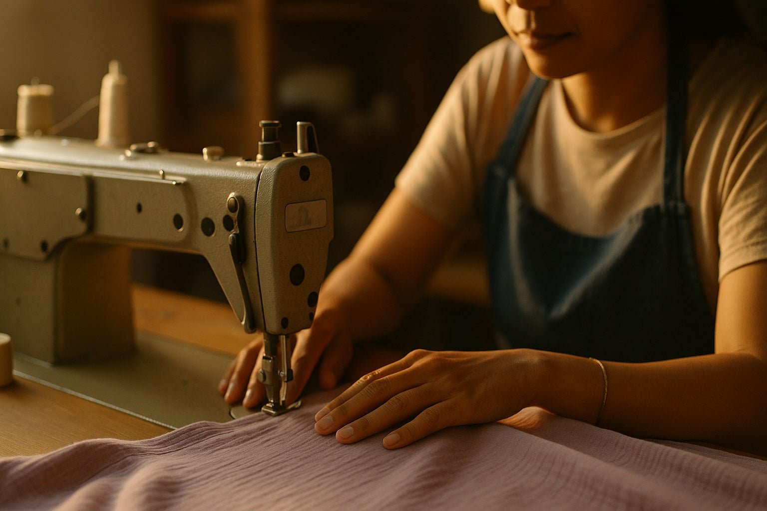 Person working with a sewing machine on fabric in a workshop setting