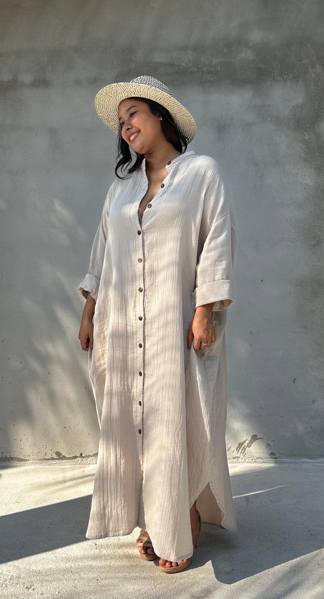 MALA handworks  Aura Double Gauze Cotton Maxi Shirt Dress in Beige