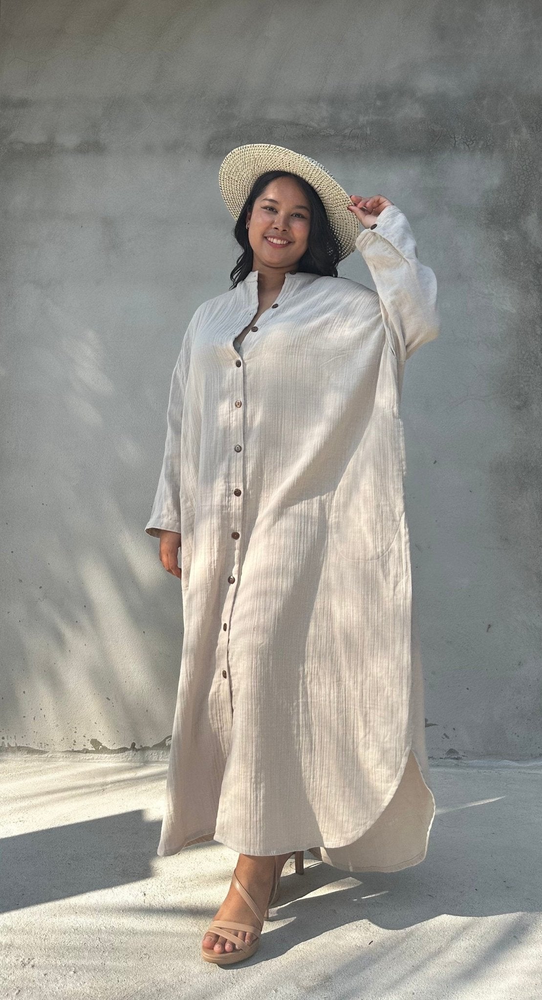 MALA handworks  Aura Double Gauze Cotton Maxi Shirt Dress in Beige