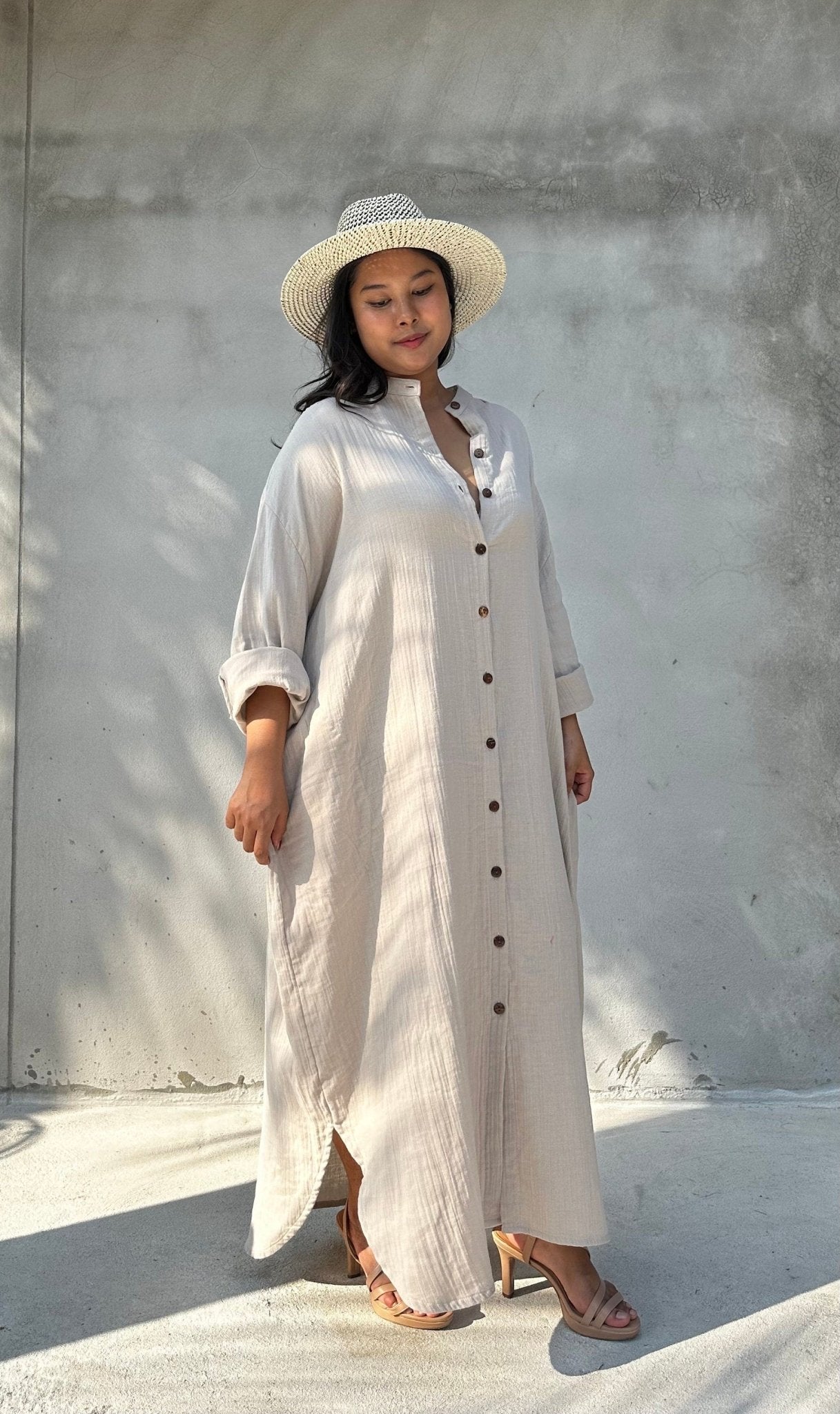 MALA handworks  Aura Double Gauze Cotton Maxi Shirt Dress in Beige