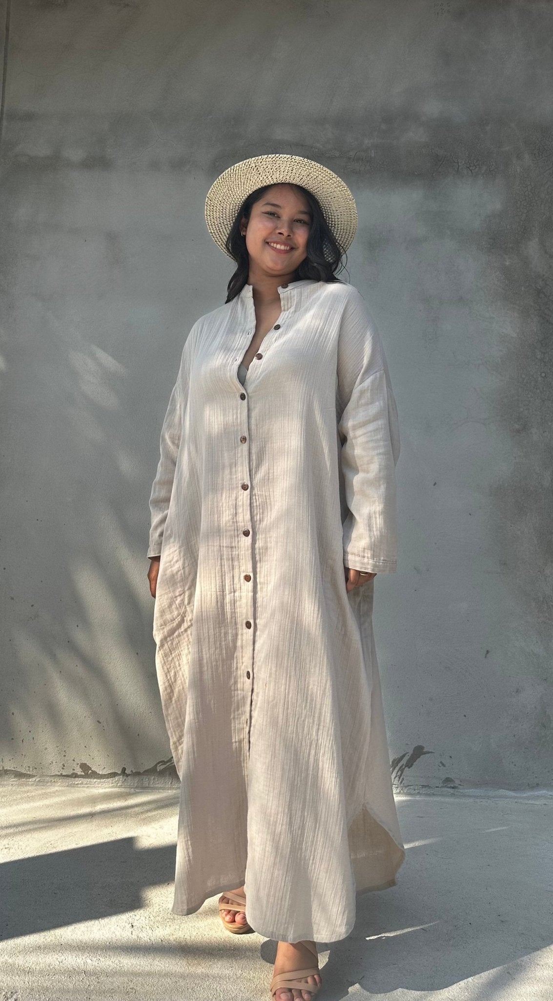 MALA handworks  Aura Double Gauze Cotton Maxi Shirt Dress in Beige