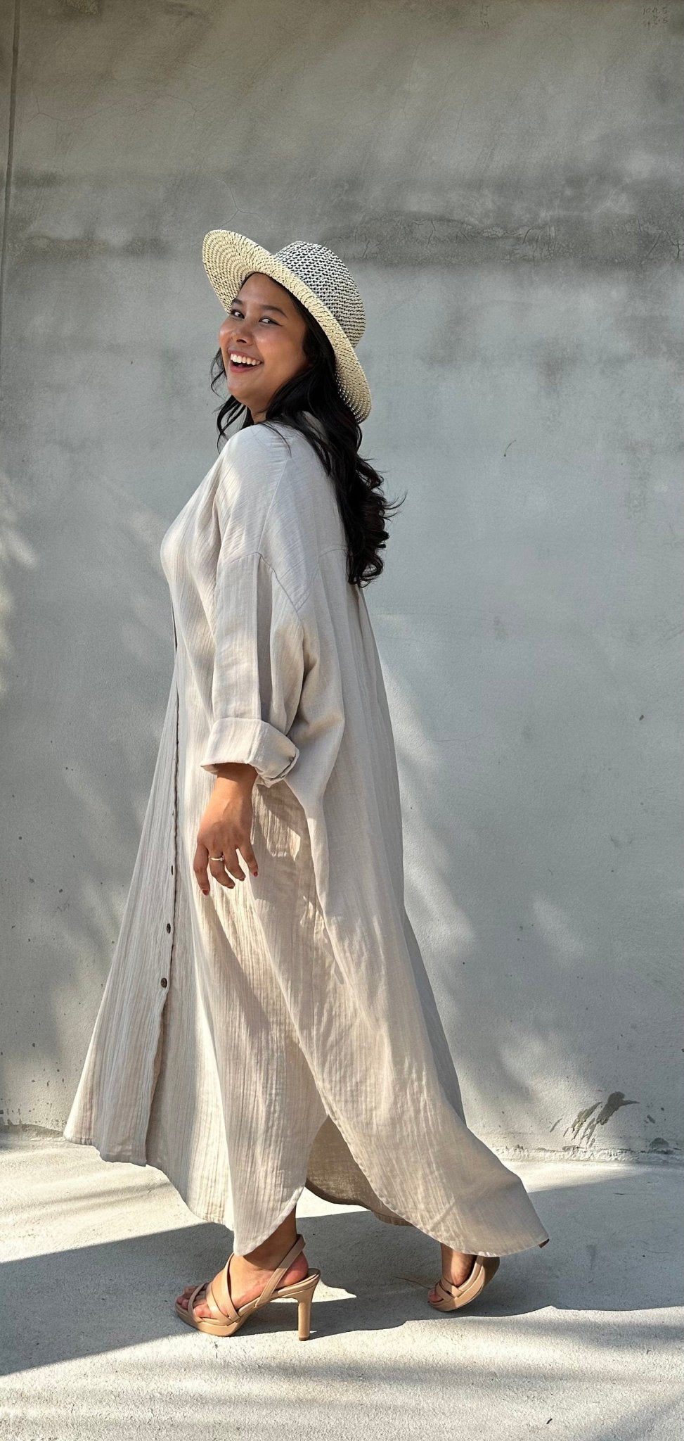 MALA handworks  Aura Double Gauze Cotton Maxi Shirt Dress in Beige