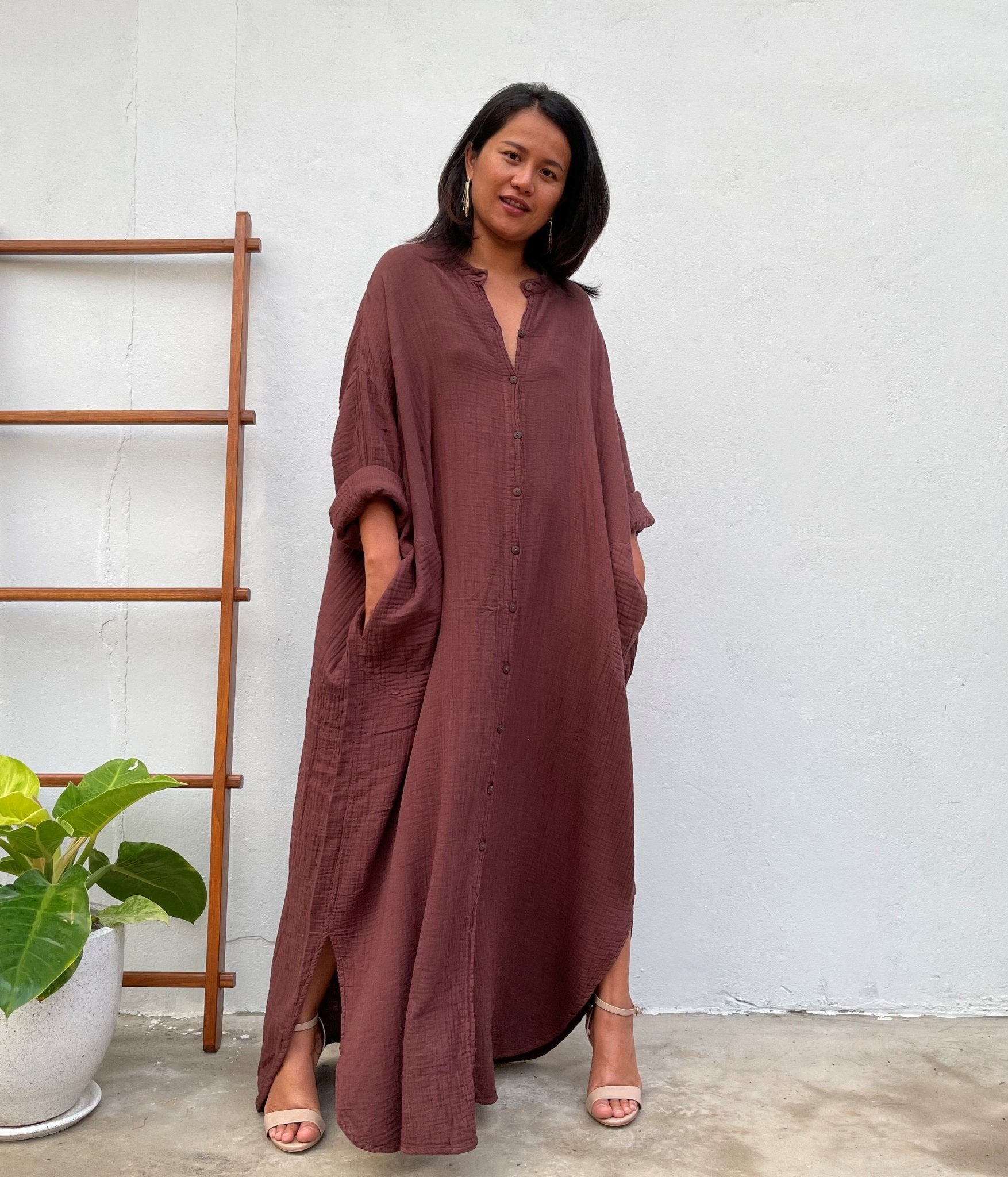 MALA handworks Aura Double Gauze Cotton Shirt Dress in Brown